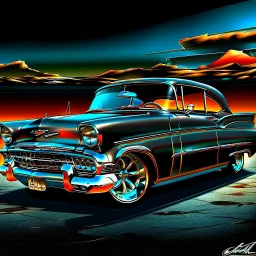 Detailed illustration of a [1957 Chevy], metallic body in [black], with subtle rust spots and faded paint details. The car is parked, chrome accents and custom wheels catching the light. The background shows [drag strip], with a [SKY GRADIENT COLORS]. The style is cinematic, bold, and vibrant, masterpiece digital painting with high detail and game-art inspired realism.