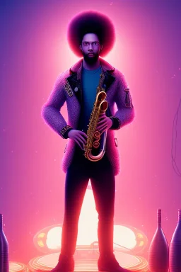 steampunk , saxophone player, caucasian man, afro hair, background is a neon sign 'Saxman', post-apocalytic setting, volumetric lighting, particals, intricate detail,realistc, close up