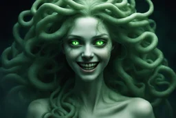 После пробуждения ее внешность исказила темная магия Камня Медузы: кожа стала болезненно-бледной, почти прозрачной, а глаза светились нестабильным, ядовито-зеленым светом, как и сам камень. Ее улыбка была широкой и неестественной, обнажая слишком идеальные зубы. Она выглядела как ожившая, но тронутая тлением кукла.