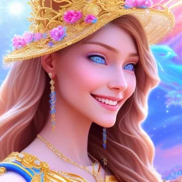 Beautyful smiling young woman, long hair amazing blue eyes, flowers, happy cosmic, bright colors, blue, pink, gold, jewels, realistic, photo real, clear sunny background, highly detailed, high contrast, 8k high definition, unreal engine 5, extremely sharp detail, light effect, sunny light background