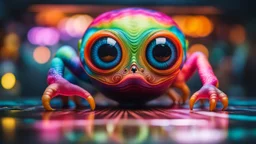 A middle size, jelly-like fatt body colorful pastel patterned skin, big eyes alien creature tanding a floor, full body, high detailed, high textured, sharp focus, deep colors, Professional photography, bokeh, natural lighting, canon lens, shot on dslr 64 megapixels , blur background with neon light, office