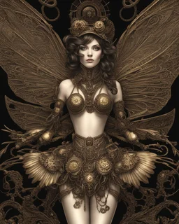 steampunk delicate metal woman, moth, wings, black background