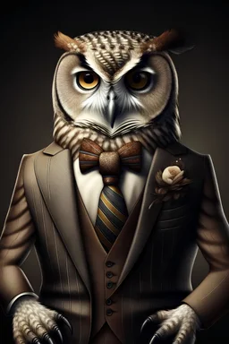 Owl dressed in an elegant suit with a nice tie. Fashion portrait of an anthropomorphic animal, bird, posing with a charismatic human attitude