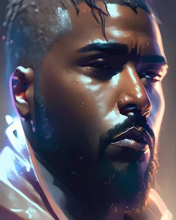 Kanye West, head and shoulders portrait, 8k resolution concept art portrait by Greg Rutkowski, Artgerm, WLOP, Alphonse Mucha dynamic lighting hyperdetailed intricately detailed Splash art trending on Artstation triadic colors Unreal Engine 5 volumetric lighting