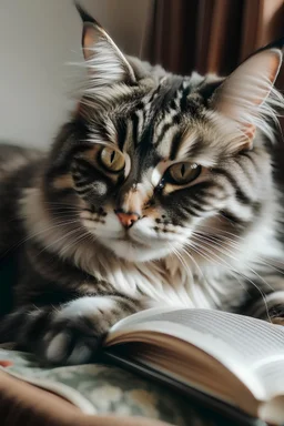Eine freundliche Katze liest ein Buch