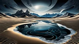 Abstract Landscape with surreal iced desert, mountains, iced water, reflections with shadows and lights. The scene features circles, lines and ovals, all enhanced by overlapping shadows and reflections, adding depth and dimension. The sky is dramatic, filled with swirling dark clouds , creating an intense atmosphere. In the scene old bones lying in sand in the right side. The color palette consists of rich, deep hues, watercolor and dark ink, like a dark dream