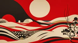 An abstract and ultra minimalist design poster by Kandinsky and Kuniyoshi of a red, black and white desert landscape.