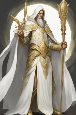 High elf time wizard wearing gold hemed white cloak holding a staff