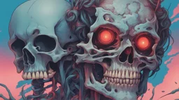 a close up of a person with a skull on their head, blue and black colors, anime skull portrait man, scary detailed art in color, hiroyuki-mitsume takahashi, nychos art aesthetic, half man half skeleton, anime cyberpunk art, colored manga art, rossdraws pastel vibrant, hot colors. insanely detailed, beautiful anime portrait, stunning anime face portrait, scary art in color