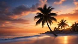 ((sea bay)), beach, palm tree, sunset, orange sky, cloud, (masterpiece),((ultra-detailed)), (highly detailed CG illustration),(expressionless), (best quality:1.2), High quality texture, intricate details, detailed texture, High quality shadow, Cinematic Light, Depth of field, light source contrast, perspective,20s,