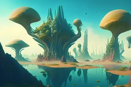 A colossal, alien landscape with towering, organic structures and floating islands, hosting bizarre and captivating flora and fauna, inviting curiosity and wonder.