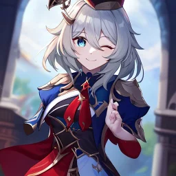 Clear focus, High resolution, short light grey green hair, blue eyes, wearing a genshin uniform, red tie, wearing a skirt, eyes closed, smiling, 1girl, spiky hair, not alot of hair on the side of her head, detailed outfit