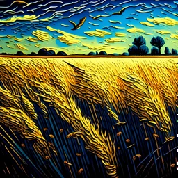 beautiful summer landscape, an ultrafine detailed painting, cotton waves Wheat field with crows painting by Vincent van Gogh, crisp quality, highly detailed, sharp focus.