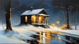 A cabin at the end of a snow covered road with a porch light on during a heavy snow storm with blowing snow and drifts :: by Robert McGinnis + Jeremy Mann + Carne Griffiths + Leonid Afremov, black canvas, clear outlining, detailed