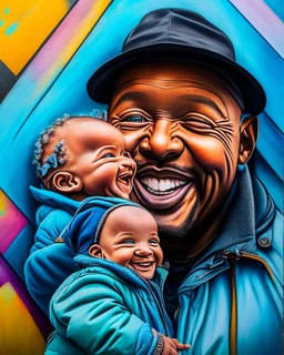 Papá feliz sonriente con su bebé mirándolo a los ojos felíz cuerpo completo colores contrastantes obra de arte arte callejero impactante detallado hiperrealista 8k coherente