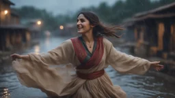 Hyper Realistic close-up-view of Beautiful-Happy-Pashto-Woman whirling across the streets of her village riverside at heavy-rainy-night with dramatic-&-cinematic-ambiance