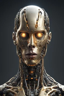 photorealistic, anatomically, physically correct full-length male body of an future AI cyborg. The face representing the horror and beauty of future technology. The AI's cyborg golden glowing eyes somehow represent eyes like one of a human . The body features futuristic, intricate futuristic designs all across the robots body. Front view.