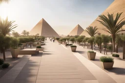 urban design tourist walkway in eygpt with the pyramids , modern street seating , planters