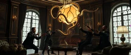 Some well dressed cult figures fighting to contain energy from floating chtonian glowing vessel made by twisted snakelike sticks creating weird geometric form in dramatic scene in luxury parlour in the style of Giger and Escher