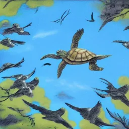 The turtle looks at the sky with a flock of birds