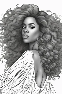 Create a coloring page of a beautiful black curvy female looking to the side with Wavely wild hair blowing in the wind. No shading, No color, no gray, white background