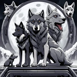 digital art front in picture an of little dark dog like creature stands and looking an anthropomorphic wolf couple sitting on the spaceship's ramp close together, the pale gray female wolf sits behind strong male wolf and puts one paw on the dark gray wolfman's shoulder, raini day, on ramp a little piece of meat lies down, high contrast, high detalied, high realistic, in background detail of an angular spaceship. Rain, The atmosphere is a seamless blend of sci-fi, dark fantasy