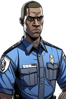 Draw me a black-skinned, young GTA character who is policeman officer. He should have a GTA mark, he should be tall,