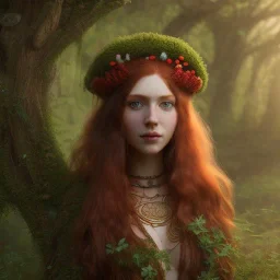 A beautiful celtic druid with red hair and flowers and mushrooms growing from her hair and skin, digital art, HD, 8k, high definition, very high quality, detailed eyes, nature, druid, fantasy