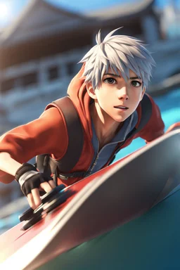 8k quality realistic image of an attractive anime boy, skeeboarding, action, up close, 3d