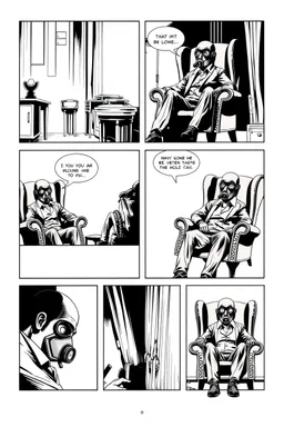 6 panel page with different images of a man in a gas mask sitting in a wingback chair, graphic novel