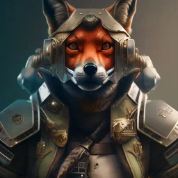 A steampunk soldier Armor wearing Fox,cyberpunk, character design,ultra realistic,shiny, smooth, studio quality, octane render, Surrealism, Triadic colour scheme,ambient lighting polaroid, 100mm