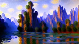 Mountains, river, rocks, claude monet impressionism painting