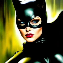 portrait oil on canvas, beautiful busty Catwoman,green eyes, ,minimal armor,comic book cover, mystical colors,insanely detailed,realistic,intrincate detail, 16k resolution, masterpiece,Frank Frazetta,Alex Horley, Simon Bisley