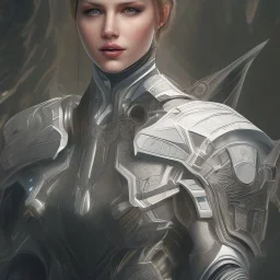 A handsome woman standing in front of a church, futuristic design, a paradise in background, close-up face, geometric armor, female face, 3d unreal engine, black face, close up armor, church detail