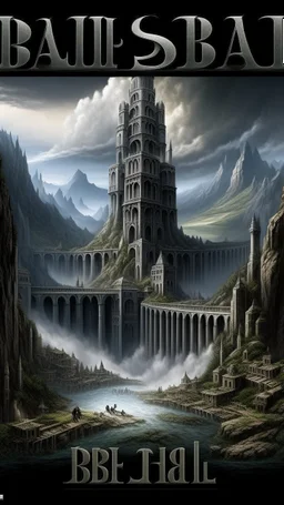 Fantasy city with 2 tall square black towers on the edge of a dam with a waterfall falling into a chasm below it in the mountains