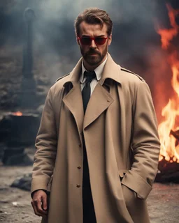 a young muscular man who looks like hans gruber wearing a trench coat and red sunglasses staring with an irritated look on his face standing in front of a fire