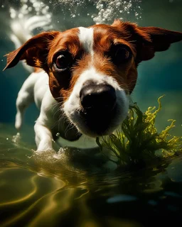 a jack russell dog swimming in the water, showing the legs of the dog under water and his head above the water, splashes, seaweeds under water, sunlight reflecting on the water's surface and filtering through the moving waters, dslr 100mm lens, award winning photograph, national geographic.