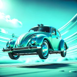 jet-fighter vw-beetle hybrid, retrofuturistic, phototrealism, in flight, one subject,