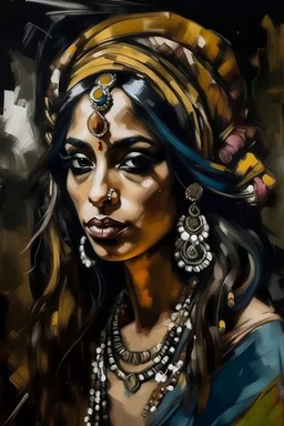 Painted portrait of Hindi woman in turban, long hair and loads of jewellery, painted by paint brush in style of George Braque