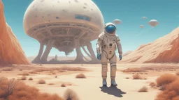 A slim woman in an open-faced space suit walking through an alien landscape towards a building, with strange alien buildings, strange surreal plants, photorealistic, Deep Colour, Intricate Detail, sunshine, blue sky