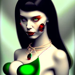 oil Portrait of adult busty beautiful Vampirella with big green sad eyes looking to viewer, nose piercing,with ruby necklace by Jean Auguste Dominique Ingres 8k