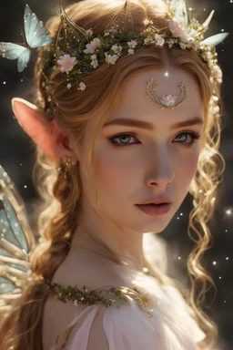 Pointed elven ears,Blonde hair ,Pink dress,Sparkling fairy wings,Very long golden hair,Fairy crown,pointed ears,elven ears,fairy wings,water lilies,sparkling,glittering,flowers,blossoms,golden crown,light pink dress