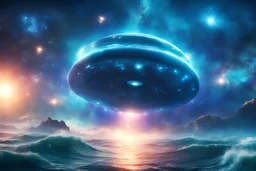 Magnificient luminous ufo flying in the universe over the sea, glitters, stars, sparks of light , a lot of details, cosmic and pacific and magical atmosphere, 8k, very hight definition