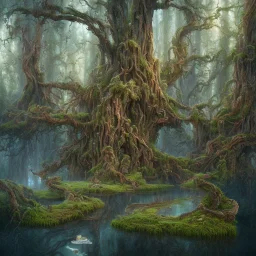 high-quality, fine-detail beautiful, breath-taking forest with gnarled trees, flowers, clear reflective lake, tranquil, stunning, 8k resolution, intricate, digital art, detailed matte, volumetric lighting, George Grie, Anne Dittman, Anne Stokes, Lisa Parker, Selina French, Alphonse Mucha