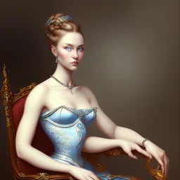 painting of an elegant lady sitting on a chair, perfect face, blue eyes, sharp focus, highly detailed