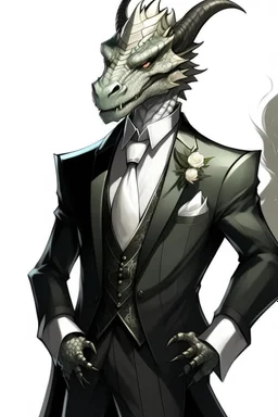 A silver Dragonborn from dnd wearing a tuxedo