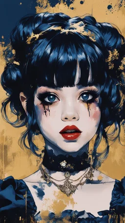 Poster in two gradually, a one side malevolent goth vampire girl face and other side the Singer Melanie Martinez face, painting by Yoji Shinkawa, darkblue and gold tones,