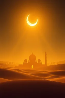 Realistic artistic image symbolizing the evolution of Islamic civilization through time, showing a golden desert landscape with an ancient mosque silhouette under a glowing crescent moon, faint calligraphy patterns blending with soft light rays symbolizing knowledge, peace, and spiritual awakening, photorealistic, ultra realistic, warm natural tones, subject placed low