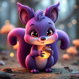 A cute and lively 3D purple squirrel with big, sparkling eyes and a fluffy tail that curls playfully. The squirrel’s fur has a rich gradient of purples with subtle highlights that give it a soft, velvety texture. It’s holding a tiny glowing acorn that emits a gentle magical light. The character has a curious and friendly expression, ready to share stories. The background is a soft, blurred forest with hints of glowing mushrooms and twinkling lights, creating a whimsical, magical atmosphere. Styl