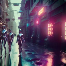 Ultra Realistic scene, retro futuristic style, 1960 fashion sci-fi. 2 cyber Women, shopping, smile, happy. Clean city, highly detailed, concept art, unreal engine 5, ray tracing, RTX, lumen lighting, ultra detail, volumetric lighting, 3d, finely drawn, high definition, high resolution.